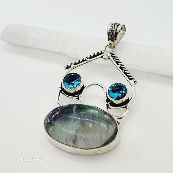 Fluorite Blue Topaz Ethnic Handmade Pendant Jewelry 2.6" - Picture 1 of 4